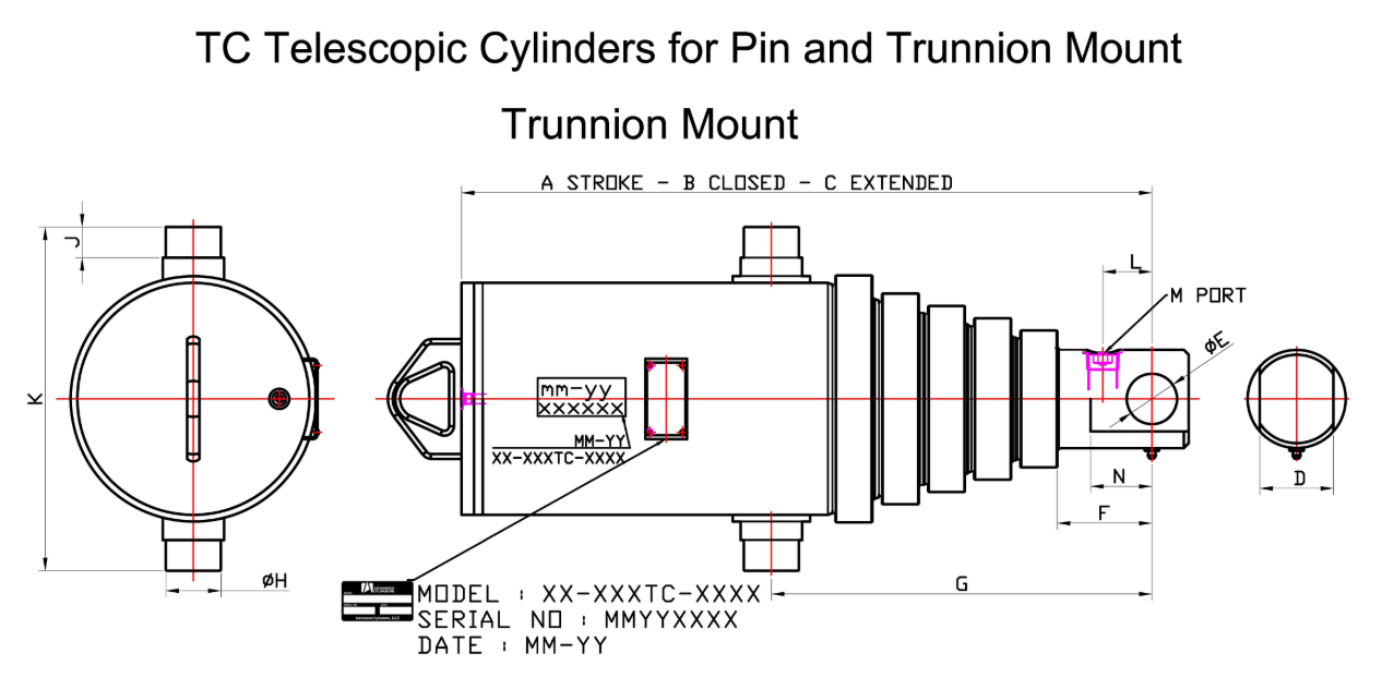 Pin-mount and trunnion-mount telescopic cylinder dimensions