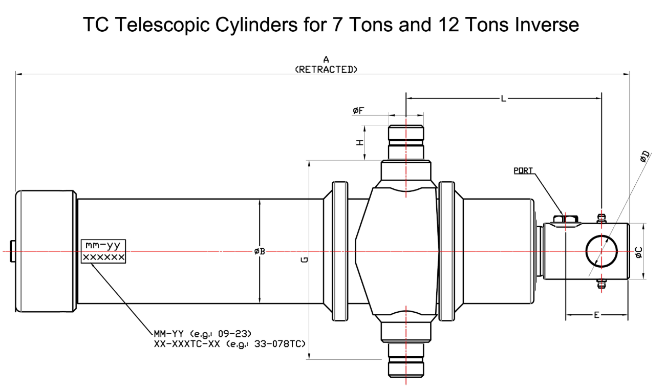 7-ton and 12-ton inverted telescopic cylinder dimensions