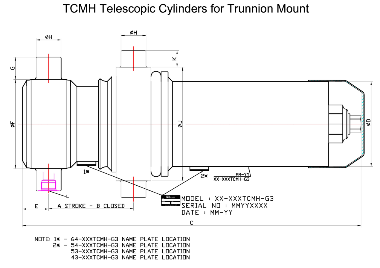 TCMH trunnion-mount telescopic cylinder dimensions